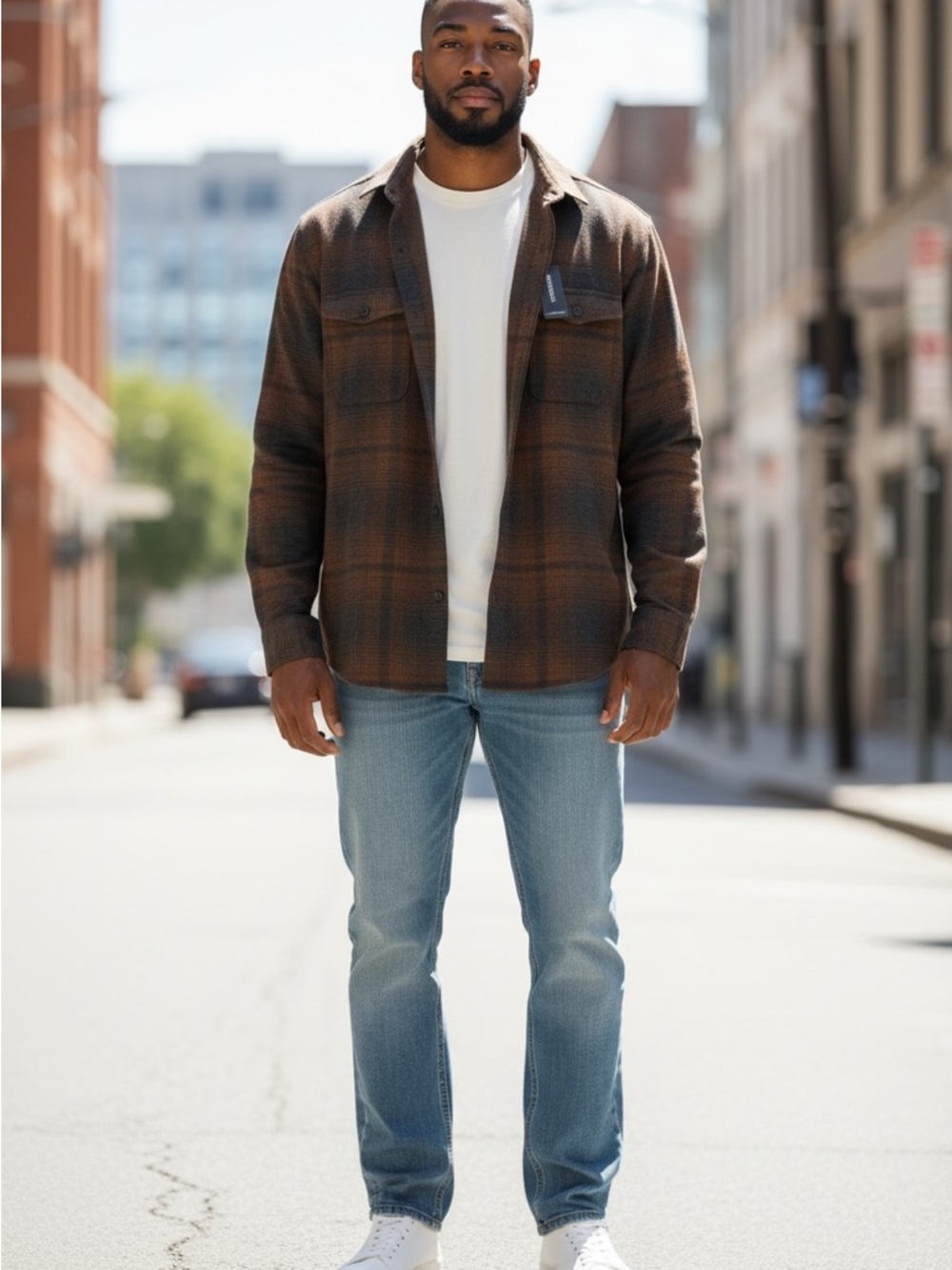 Express Men's Brown Plaid Lightweight Shacket